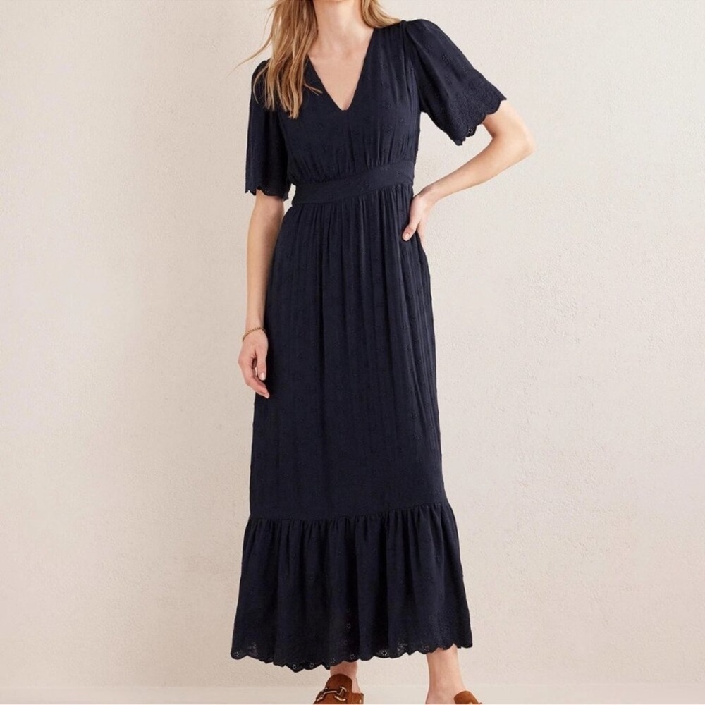 Boden Navy Lace Short Sleeve Maxi Dress Broderie Women’s Size 12 V Neck Long - Picture 2 of 16